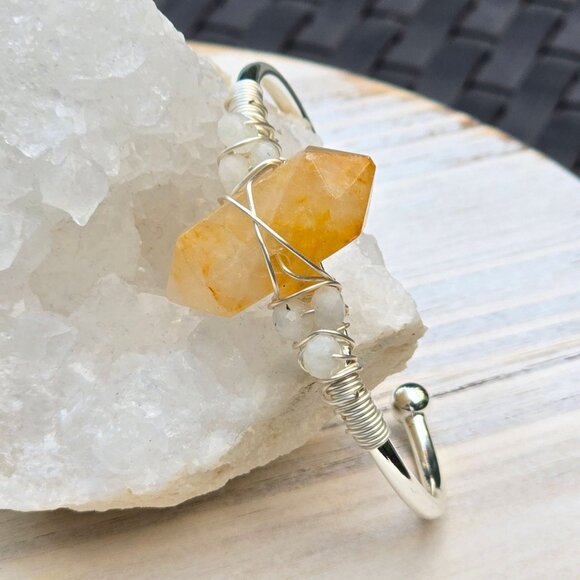 Citrine & Moonstone Wire Wrap Cuff – 925 Silver Over Copper – Energy & Balance - Picture 3 of 14